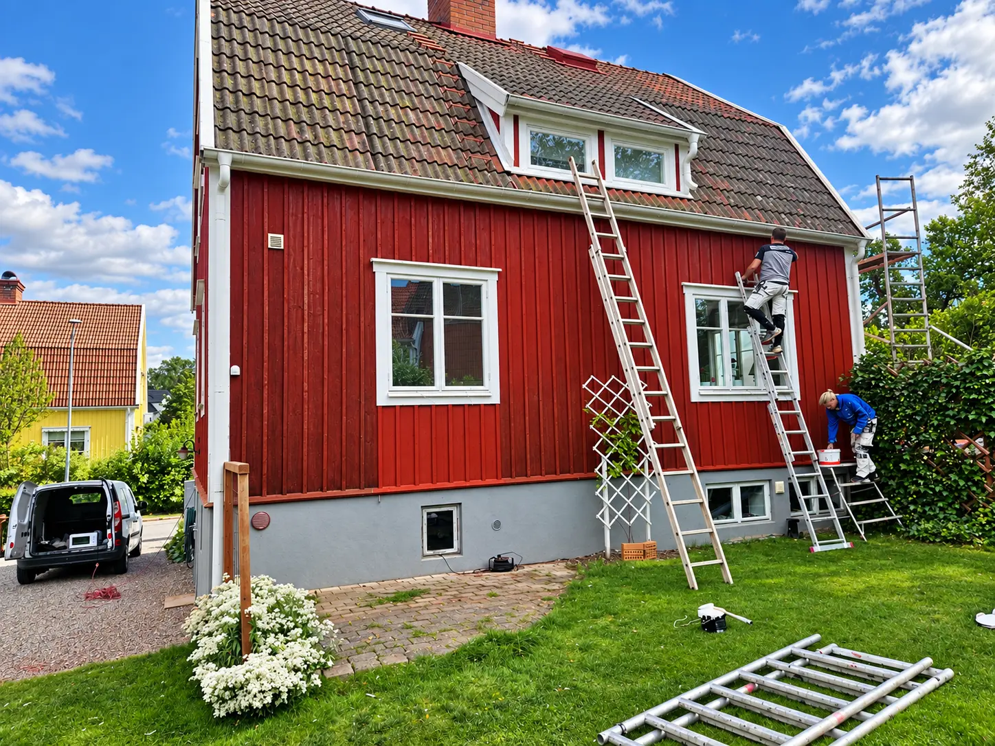 Två målare på stege vid måling av röd träfasad.